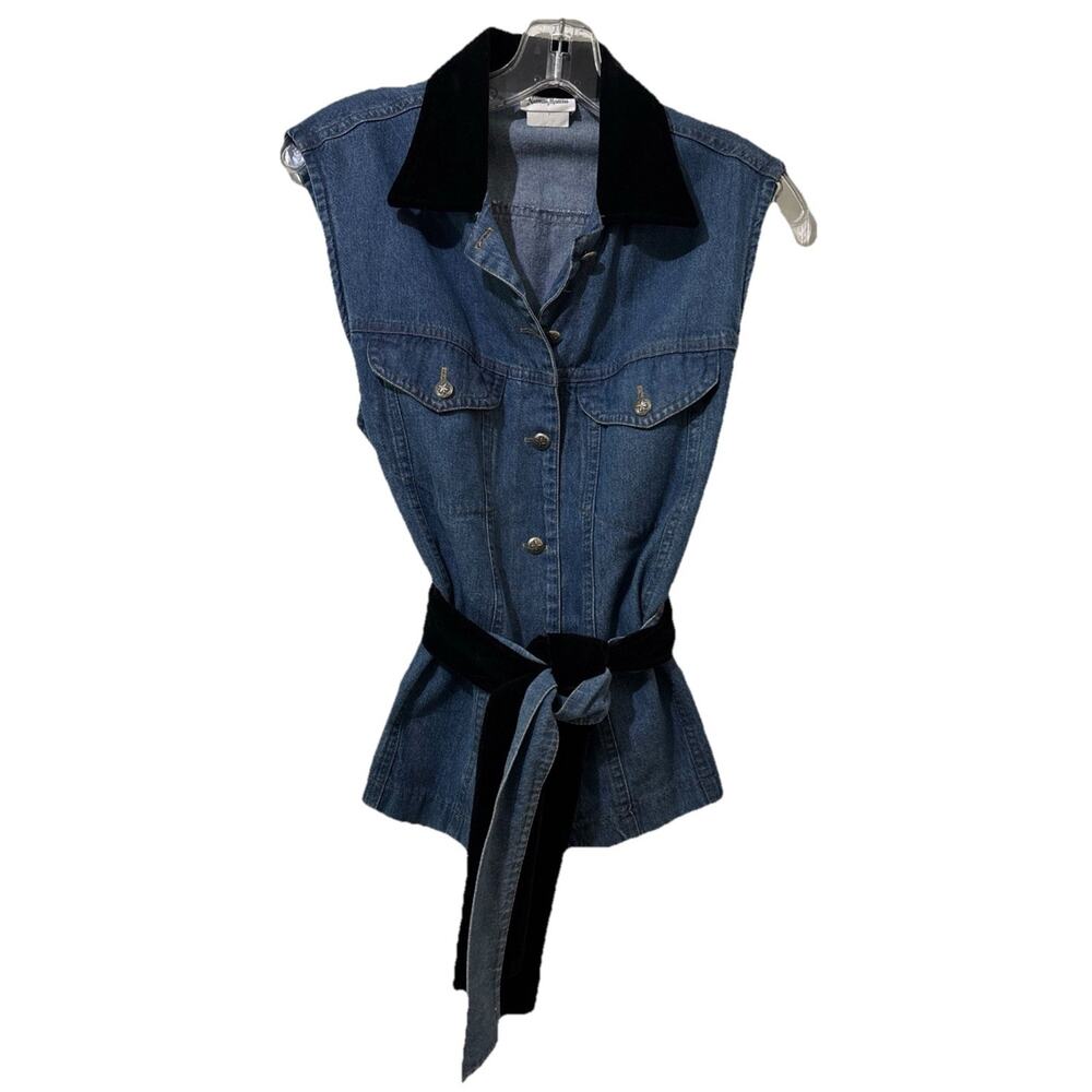 Vintage Neiman Marcus Blue Denim Sleeveless Vest Black Velvet Size Medium *Read*